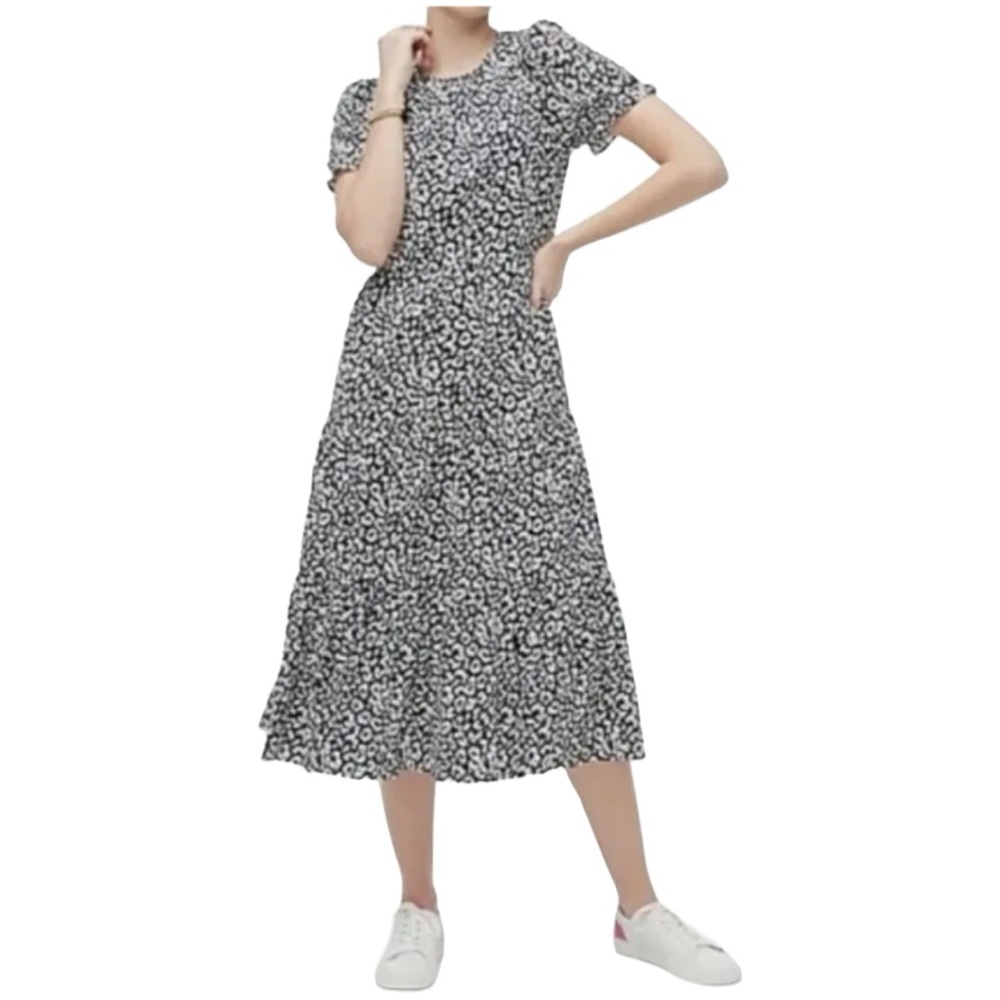 J Crew Factory Cotton Navy White Print Tiered Puff Sleeve Pocket MIDI Dress